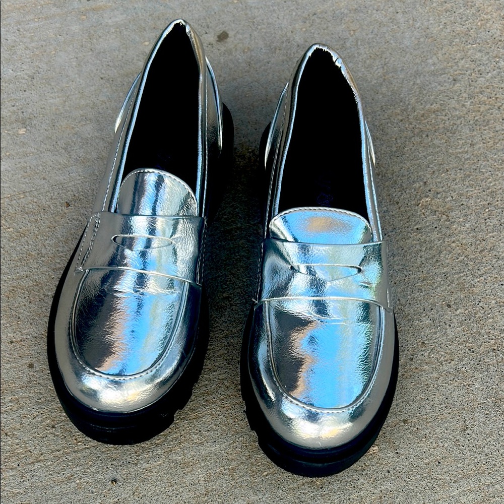 Girl’s Self Esteem Silver Penny Loafer Platforms